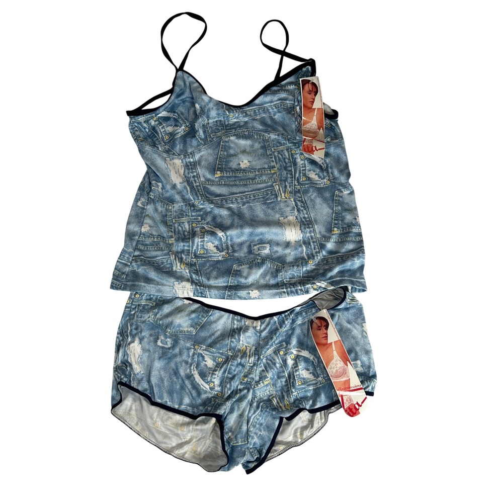 Ita Heartbreakers Y2K Faux Denim Print Camisole Shorts‎ Set Blue Trompe L'oeil